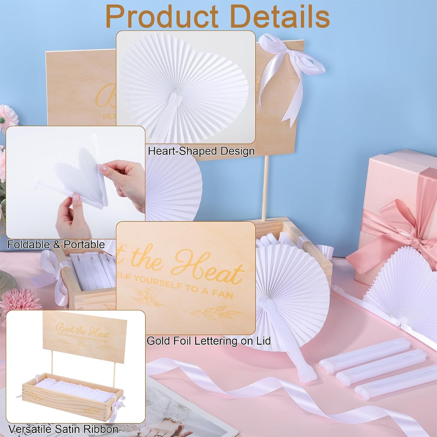 Aodaer 100 Pcs Heart Wedding Fans White Paper Hand Fans with Storage Box