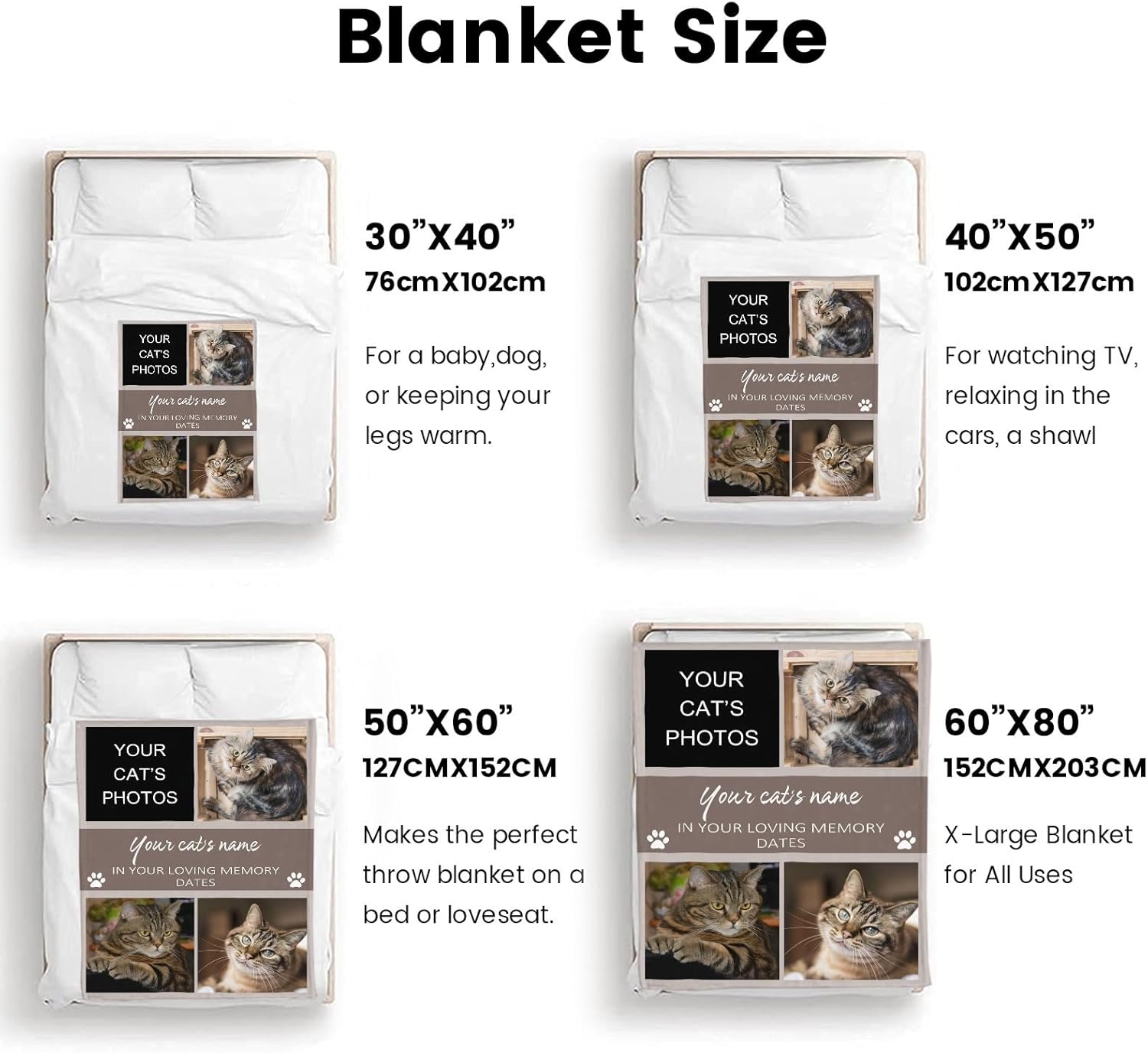 Dr.TOUGH Custom Blanket Cat Memorial Gifts Custom Blanket with Picture and Name for Cat, Photo Blanket Personalized Throw Blanket Memory Customized Gifts for Cat Lovers (4 Photo)