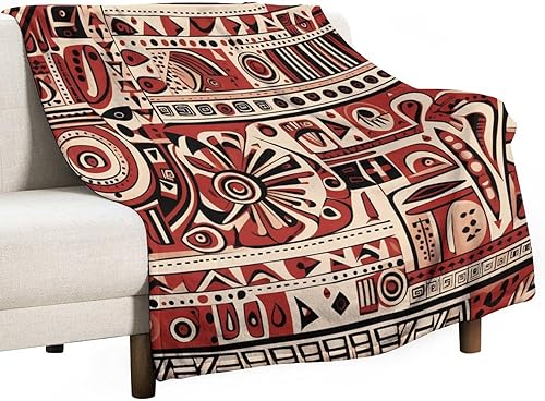 MaSiledy Manta con patrón artístico de color rojo, beige y marrón oscuro, diseño de tribu secreta en estilo bohemio, manta de franela de felpa