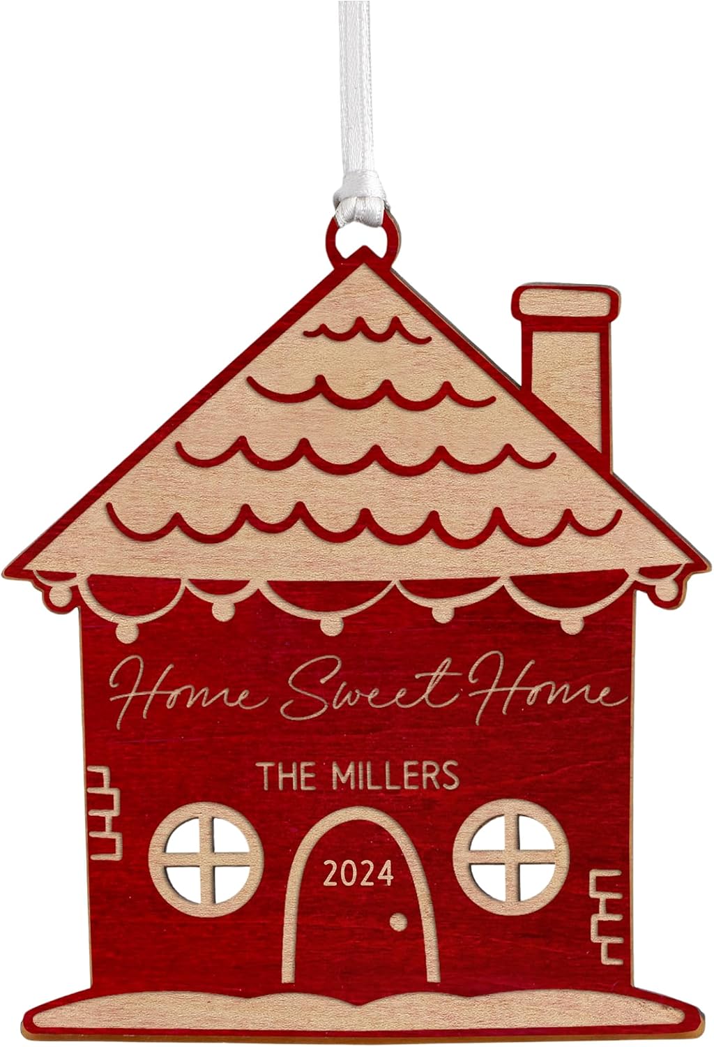 Personalization Universe Christmas Cottage Personalized Wood Ornament - Unique Engraved Christmas Decorations - Custom Text & Year - Red Stained Wood - Hanging Ribbon - Made in USA - Indoor Use