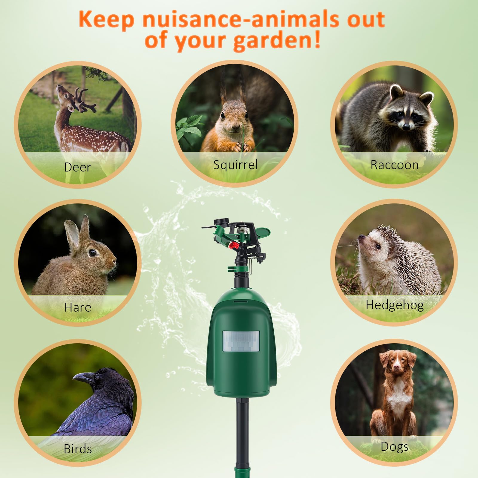 Dissuasore per gatti a 360°, con getto d'acqua,sensore PIR fino a 10 m, dissuasore a 360°, per gatti, martore, uccelli e procioni, repellente umano per giardino e laghetto