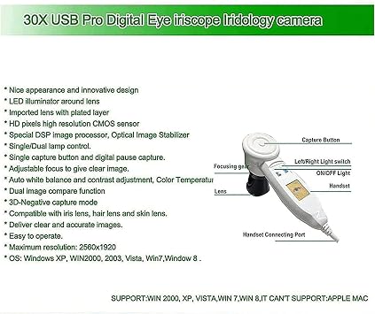 USB Iris Analyzer Iridology Camera, Computer-Specific Iris Analysis Camera with Hd 13 Million Pixel for Hair/Skin/Iris Detection