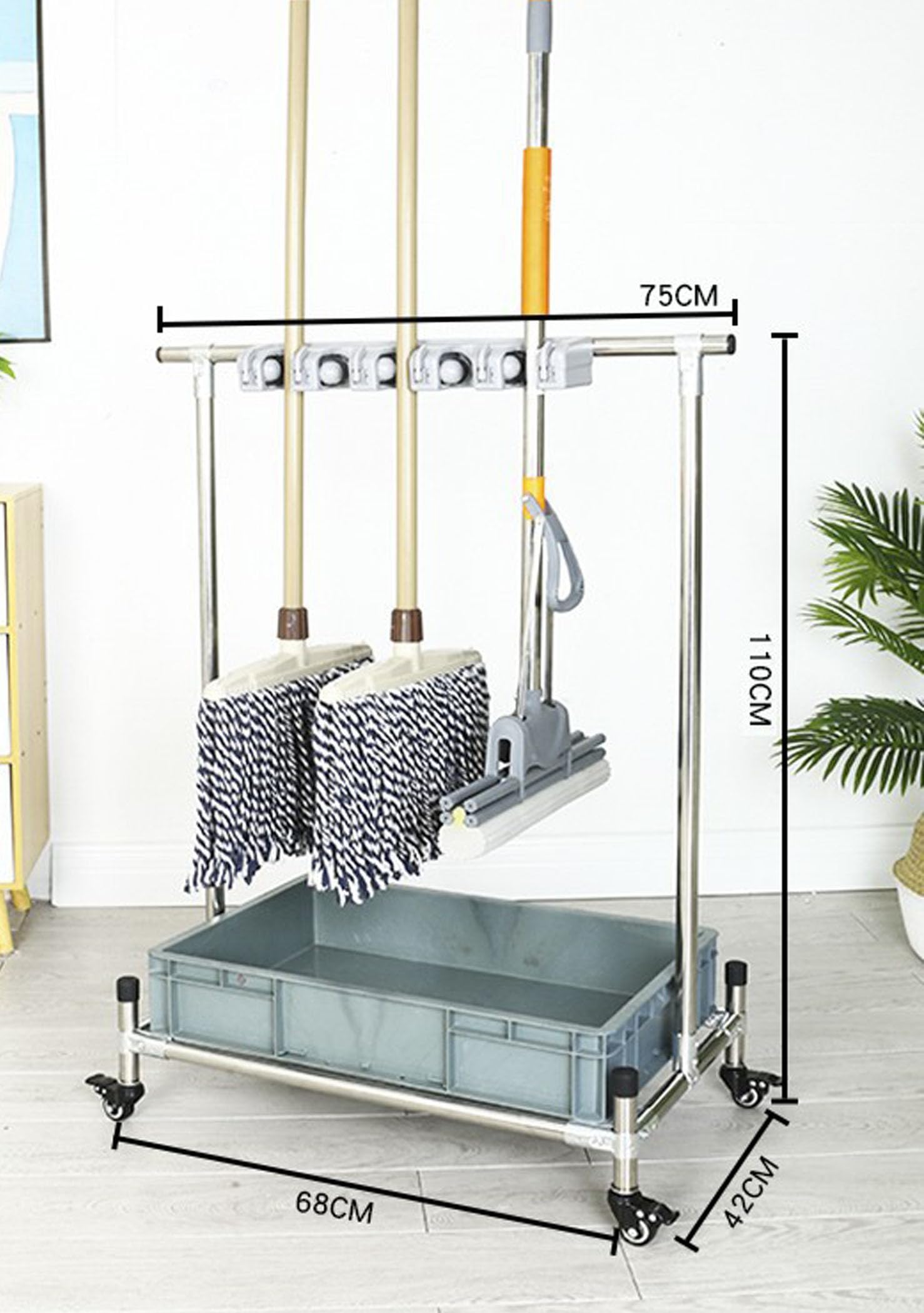 Soporte Móvil para Escobas Y Fregonas, Diseño De Fila para Colgar Fregonas, Estante para Herramientas con Gancho, Profesional, con Ruedas De 360°, 5 Perchas, 6 Ganchos, 6 Perchas, 8 Ganchos.