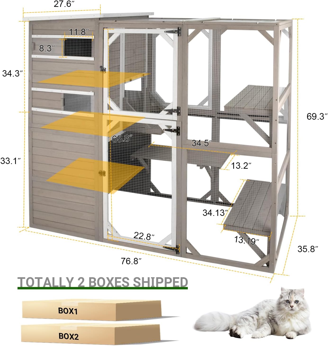 PetsCosset Catio Cat Enclosure Outdoor, Large Cat House Outdoor Weatherproof Attached to Window for Multi Cats, Asphalt and UV Protection Roofs, Multi Platforms-71 H 77" L