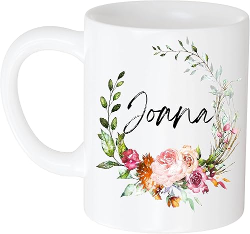 Taza de café divertida personalizada  Regalo para mujeres, nombre personalizado Joana Flower y nombre 11oz taza blanca 609960