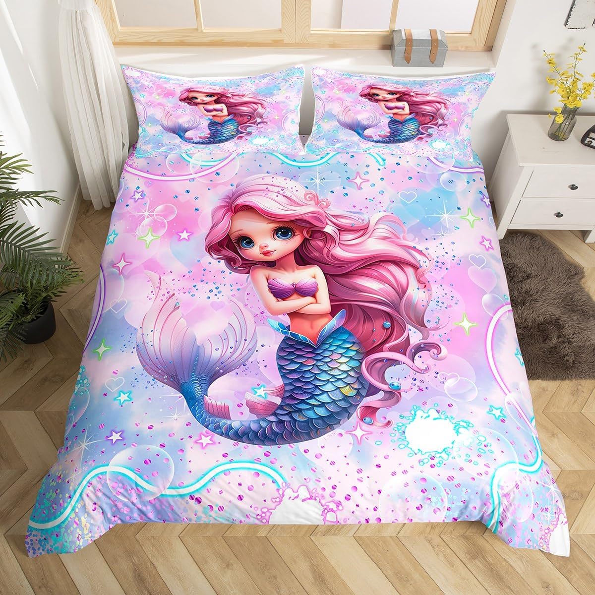 Mermaid Reversible Duvet Cover Full Size,Colorful Stars Sky Comforter Cover,Fish Scales Decorative Bedding Cute Animals Quilt Cover Rainbow Glitter Bedding Sets Kawaii Bedspreads Cover for Kids Girls
