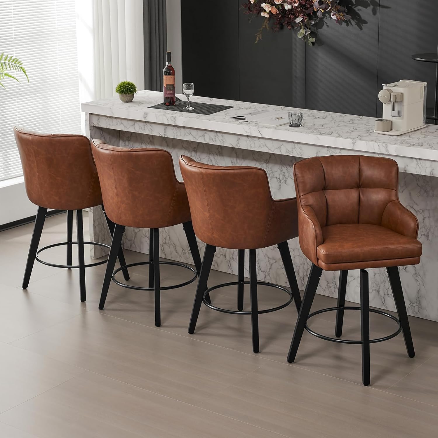 SAECKBERG 360°Swivel Counter Height Bar Stools with Back, 26 inch Solid Wood Legs, Bar Stool Modern Kitchen Island Chairs, Faux Leather (Brown- Faux Leather, 26" H- Set of 4)