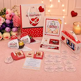 Kit Lembrancinha Dia dos Namorados com Caixinhas, Porta Bombons, Sacola e 21 Mini Cartões com Mensagens Românticas