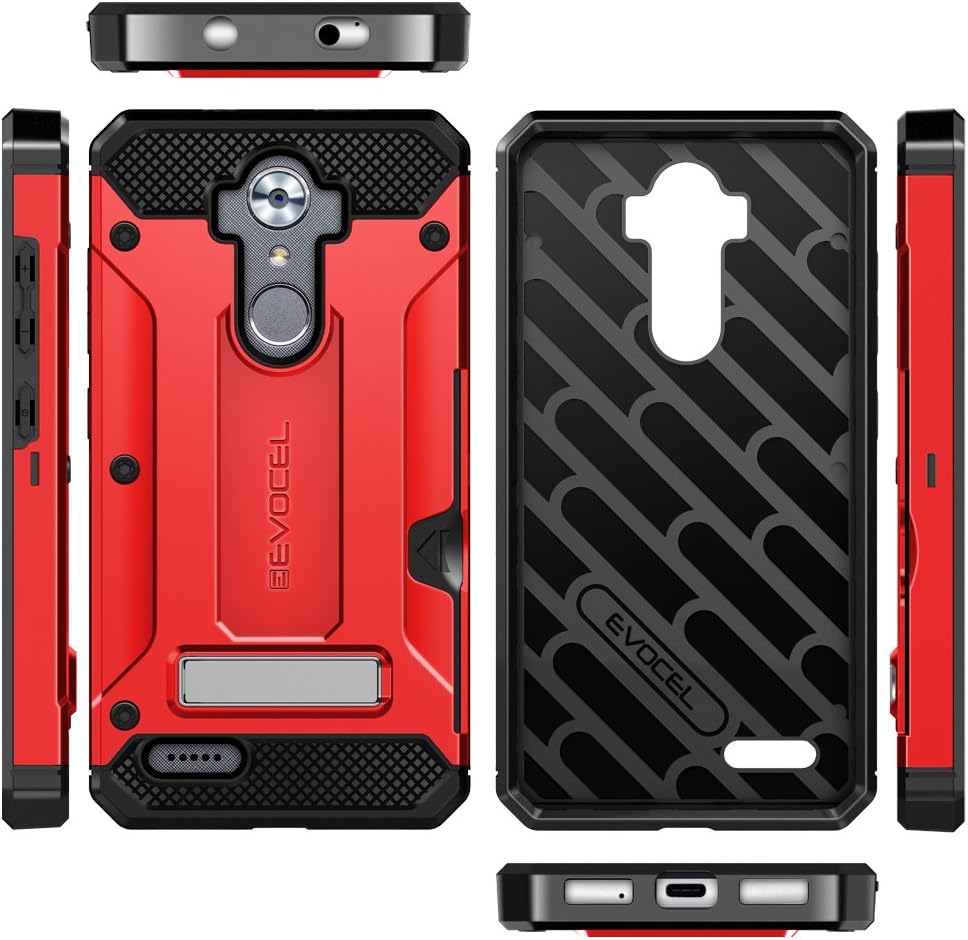 ZTE MAX XL Case, Evocel [Explorer Series Pro] Dual Layer Credit Card Case with Glass Screen Protector & Magnetic Kickstand for ZTE Blade Max 3/ ZTE Blue Max/ZTE N9560/ ZTE Z986/ ZTE N986, Red