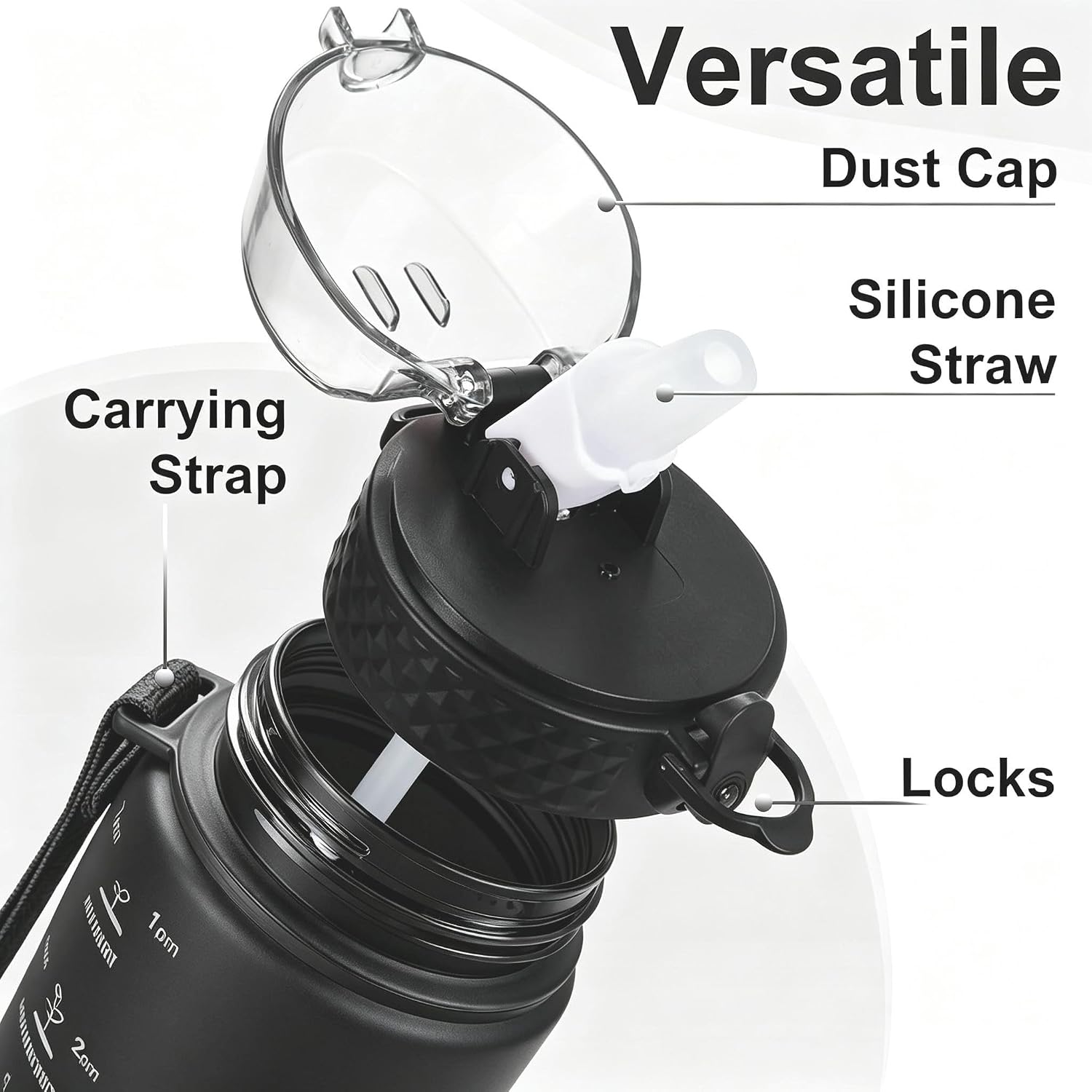 24 OZ Motivational Water Bottle With Time Marker,Leak Proof,Straw Lid, Tritan BPA Free Sports Water Bottle Black(1 Lid) image 3