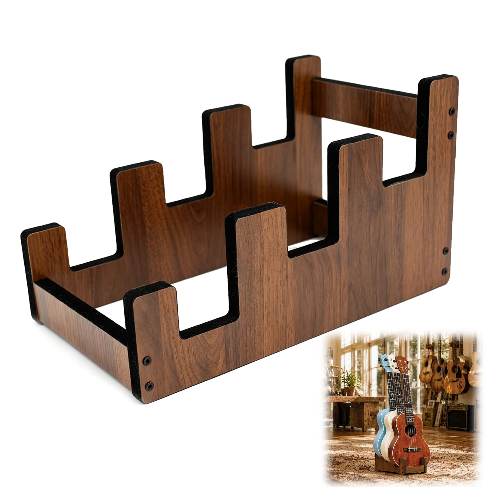 Soporte de guitarra de madera para 3 guitarras eléctricas y bajos | Madera maciza, niveles escalonados, acolchado, antideslizante, ahorra espacio, montaje fácil