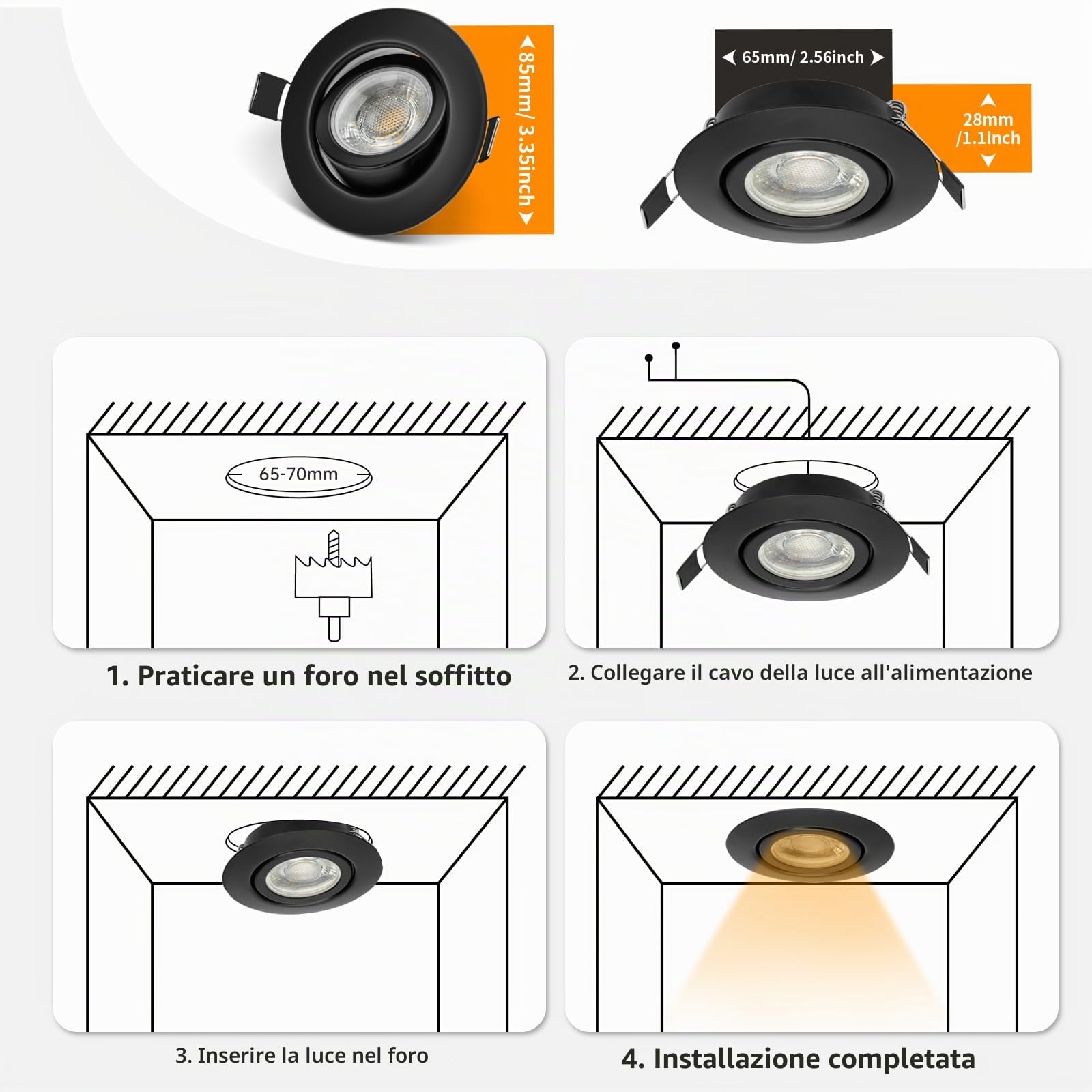 wowatt 10x Faretti Led da Incasso per Cartongesso Nero 5.5W Dimmerabili | 2800K Luce Calda 600LM Luci da Soffitto Interno IP44, Metallo Faretto led incasso Ultrasottili, Faretti Foro 68mm para Bagno