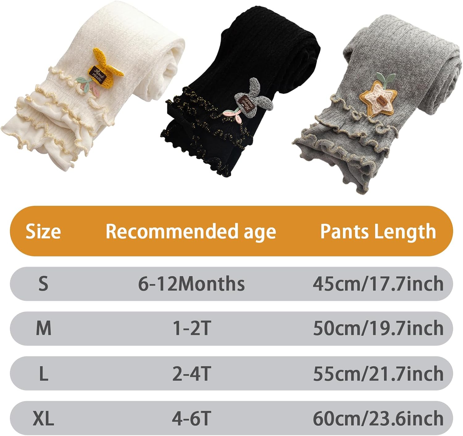 PAROLI Girls' cotton pantyhose double needle dual purpose crotch lace accessories with cute pattern bottom pantyhose（White Black Gray） size XL