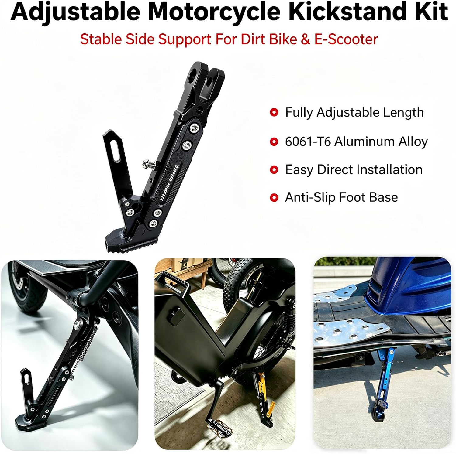 Universal Motorcycle Kickstand Accessories Motor Scooter Modified CNC Aluminum Alloy Adjustable Tripod Holder Kickstand Foot Side Support Stand Motor Scooter Motorbike Motocross Dit Pit Bike