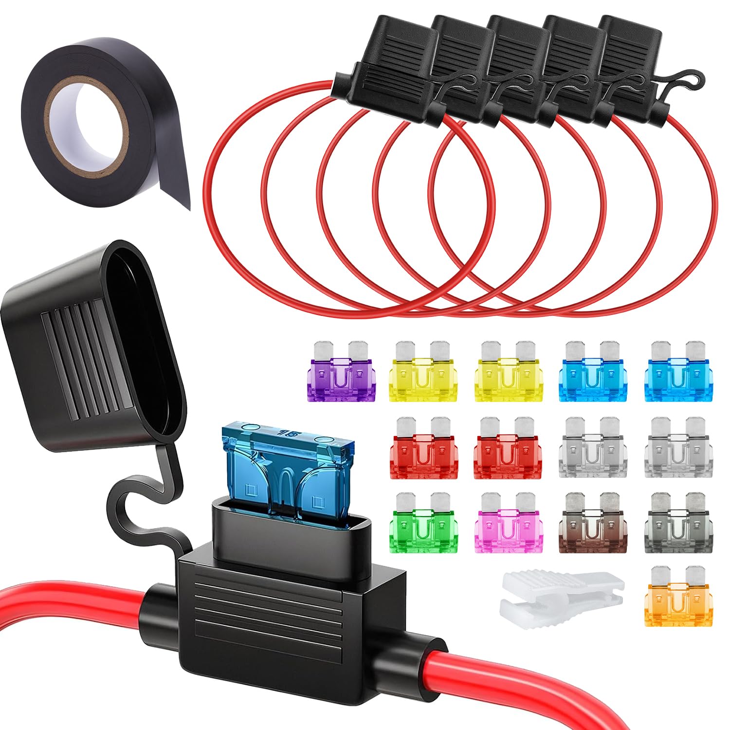 5 Portafusibili Per Auto 12/16 AWG Con 14 Fusibili (2A-35A) E Nastro Isolante - Kit Impermeabile - 4