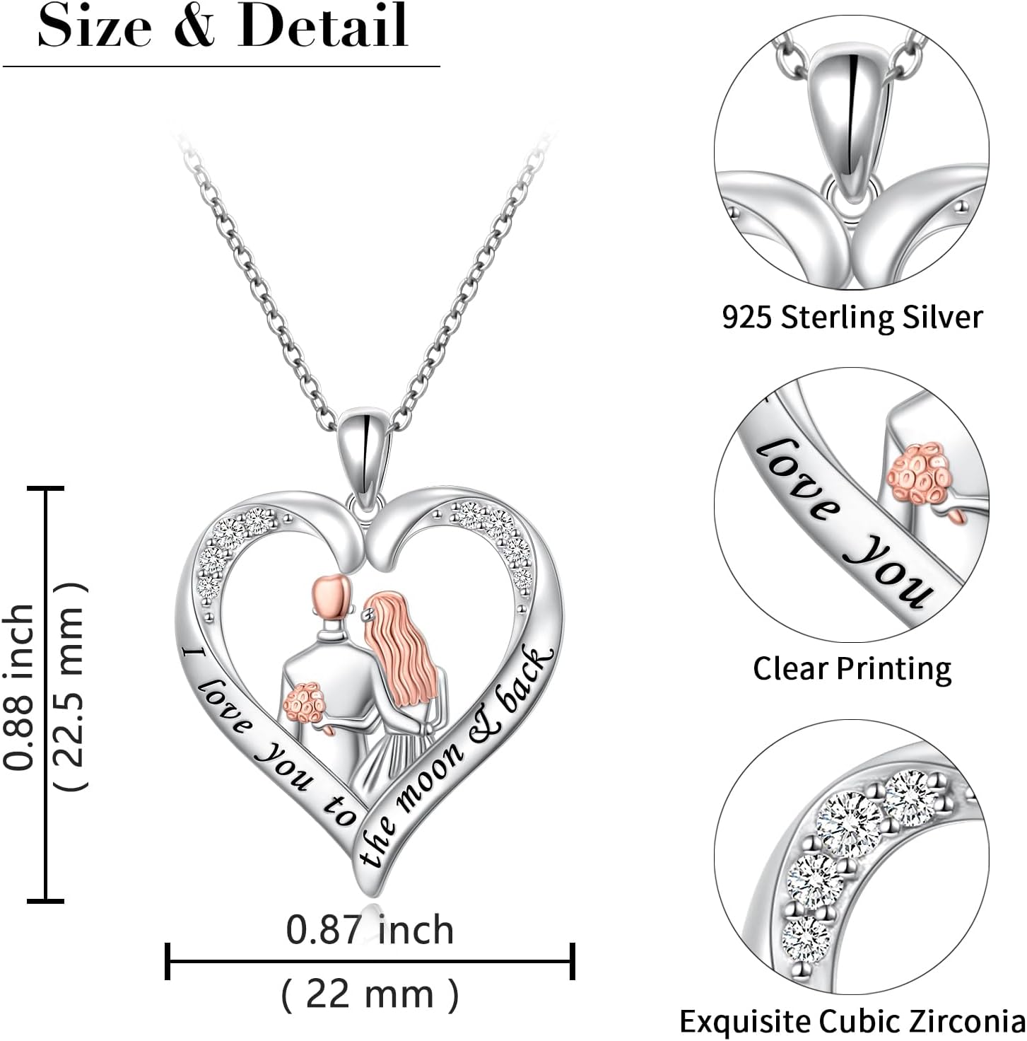 FLYOW Couple Heart Necklace 925 Sterling Silver Heart Pendant Engraved I Love You to The Moon & Back Jewelry for Women Anniversary Valentine's Day Gifts for Wife Girlfriend - Image 6