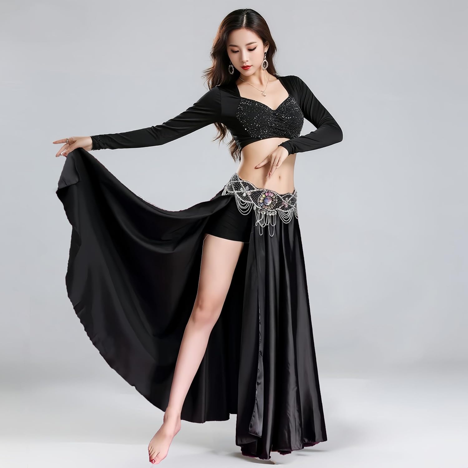 Women Chiffon Belly Dance Long Skirt with Underwear Split Satin Skirt on Both Sides