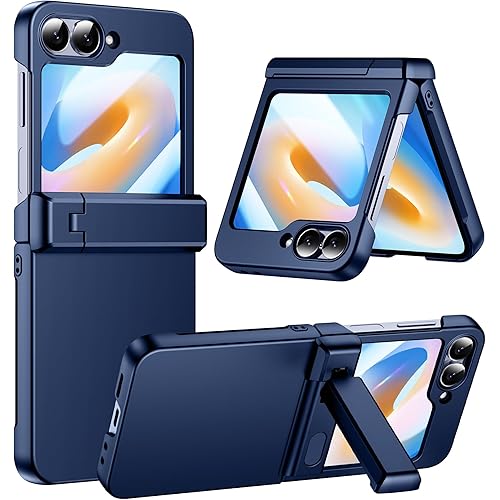 Temdan for Samsung Galaxy Z Flip 6 Case/Z Flip7 FE Case with [Built-in Front Screen Protector] [Kickstand][Hinge Protection][Hard PC] Ultra-Thin Shockproof Protective Phone Case-Navy Blue