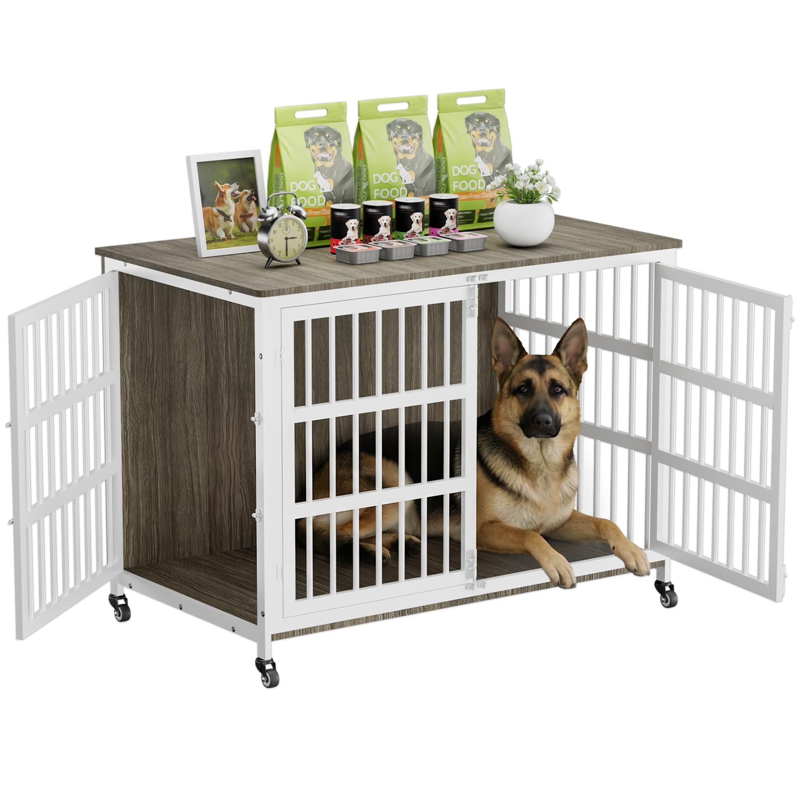 46" XXL Dog Crate Furniture for for Large &amp; Medium Dogs with Wheels, Wooden Dog Kennel Furniture Indoor, 45.7" L x 27.6" W x 31.5" H Decorative Pet House, TV Stand — Grey &amp; White