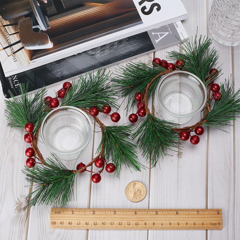GORGECRAFT 2 Set 15cm Christmas Wreath Candle Holders Artificial Red Berry Pine Needles Christmas Tealight Candle Holder with Glass Centerpiece Cups Green Garlands Ring for Party Table Decor Xmas Gift