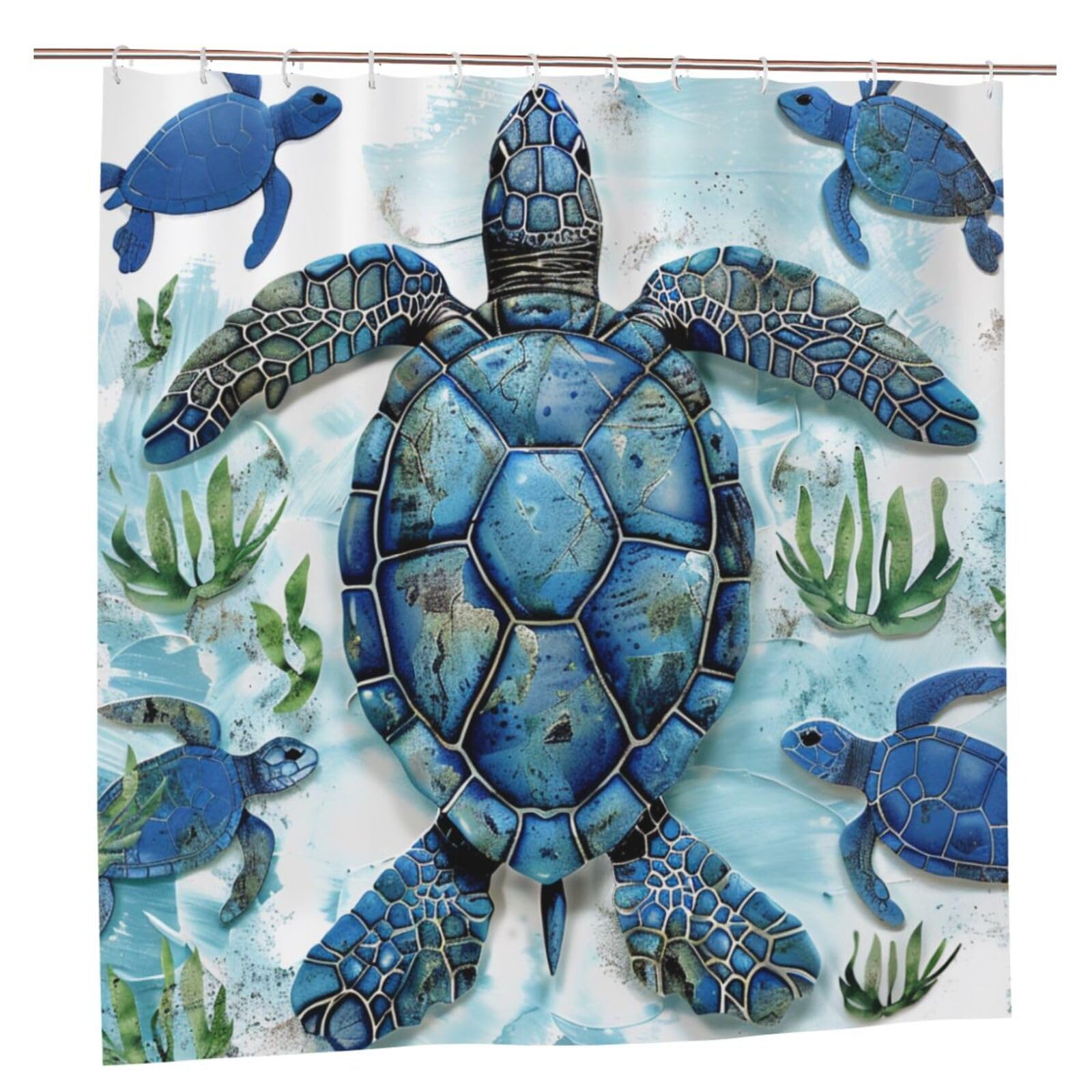 BWWHCCTI Sea Turtle-Blue Printed Shower Curtain With 12 Plastic Hooks Opaque Quick Drying Waterproof Shower Curtains Sets For Bathroom 183x183 CM