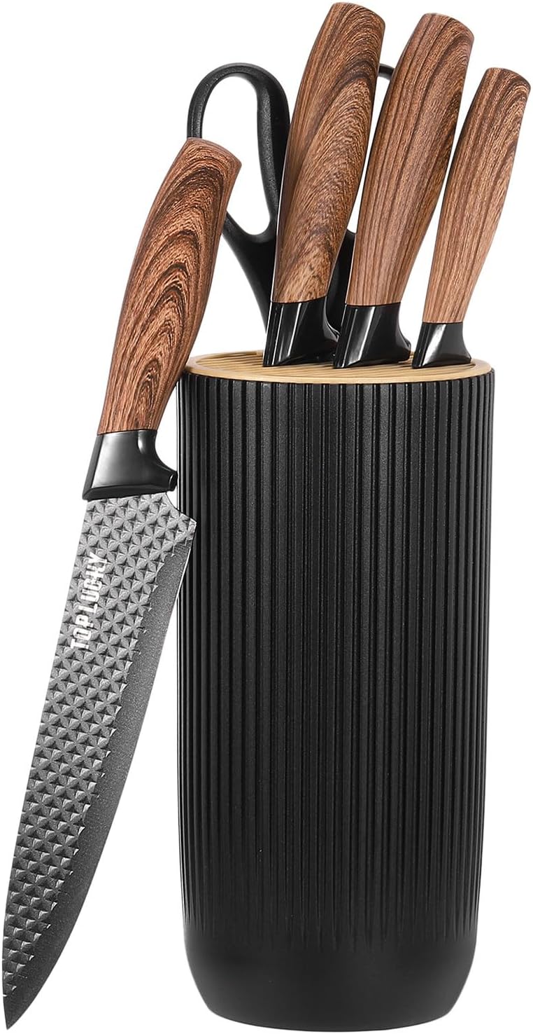 uxcell Kitchen Knife Set with Block, 6 Pcs Stainless Steel Knife Block Set with Ergonomic Handle for Chefs and Cooking Enthusiasts, Black