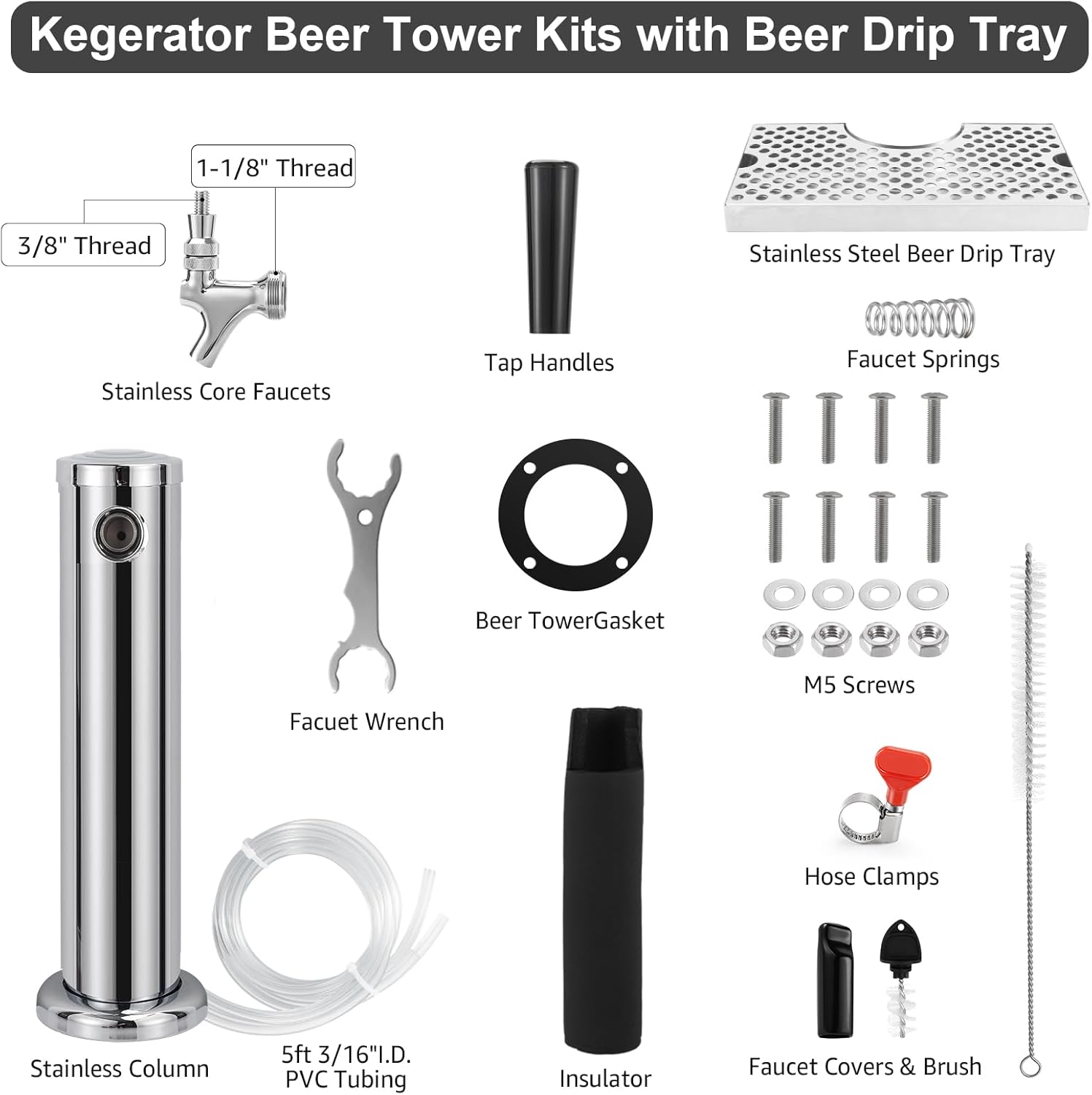 Single Tap Kegerator Tower Beer Tap Tower with Stainless Steel Beer Drip Tray, Pre-installed Draft Beer Keg Tower with Kegerator Parts Keg Drip Tray for Homebrew
