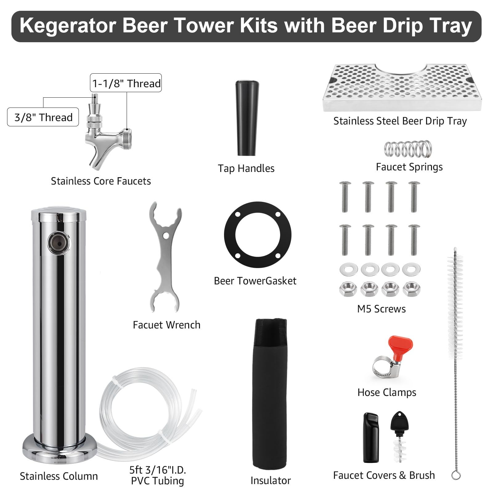 Torre de grifo de cerveza Kegerator de un solo grifo con bandeja de goteo de cerveza de acero inoxidable, torre de barril de cerveza preinstalada con bandeja de goteo de barril de piezas Kegerator