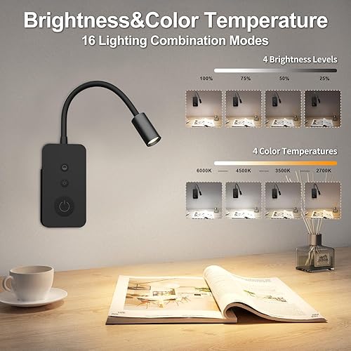 Miniatura 4 de Luz de lectura de montaje en pared, luz enfocada para leer en la cama con control táctil elevado, lámpara de lectura recargable con cuello de cisne