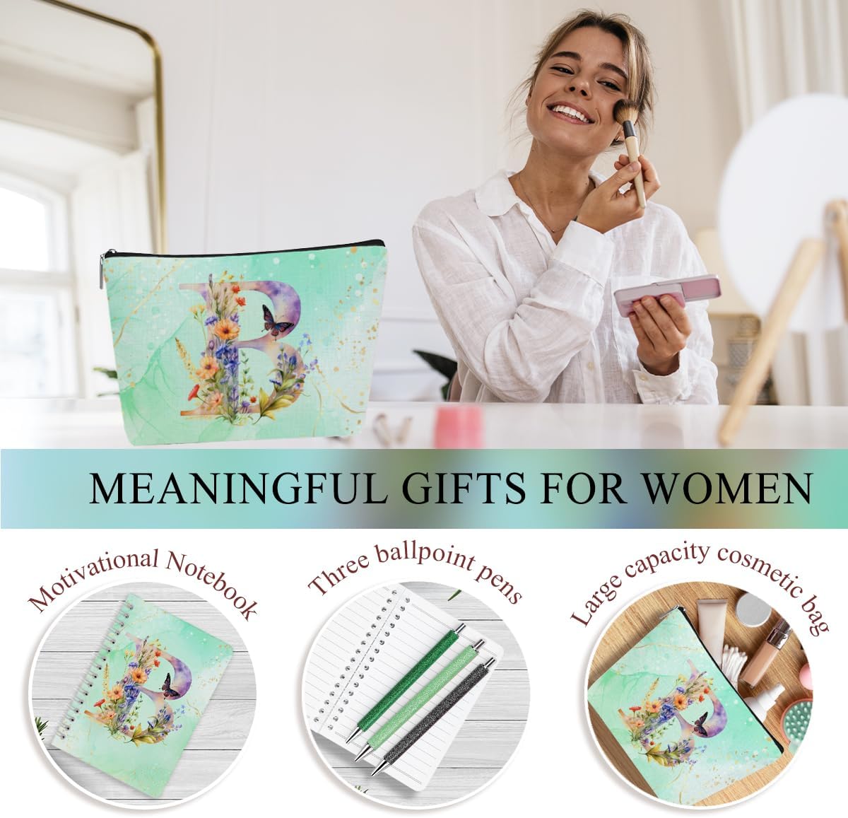 Personalized Gifts Monogrammed Birthday Gifts for Women, Cowerker Mom Mothers Day Christmas Initial 20 oz Tumbler, Makeup Bag Cup Ballpoint Pens Journal Notebook 6 Set, (Aesthetic Green Flower B) - Image 5