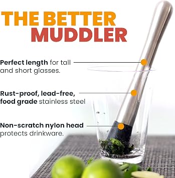 Drink Muddler for Cocktails, 8 Inch Old Fashioned/Mint Julep/Mojito Muddler, Stainless Steel Bartending, Kitchen Muddler Tool