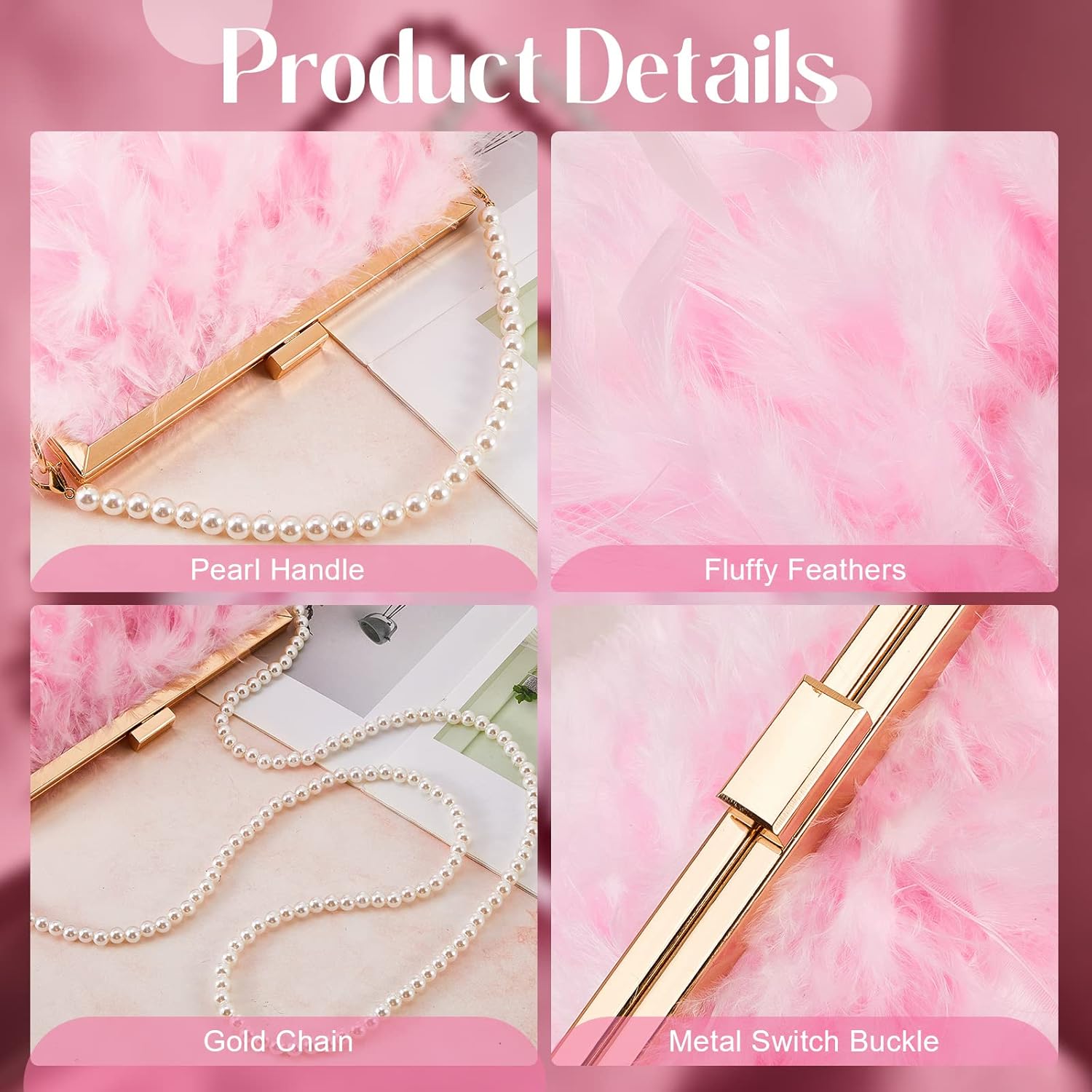 Amylove Feather Clutch Purses for Women, Evening Bags Furry Purse with 2 Chains for Wedding Bride Fringe Glossy Designer - Image 4