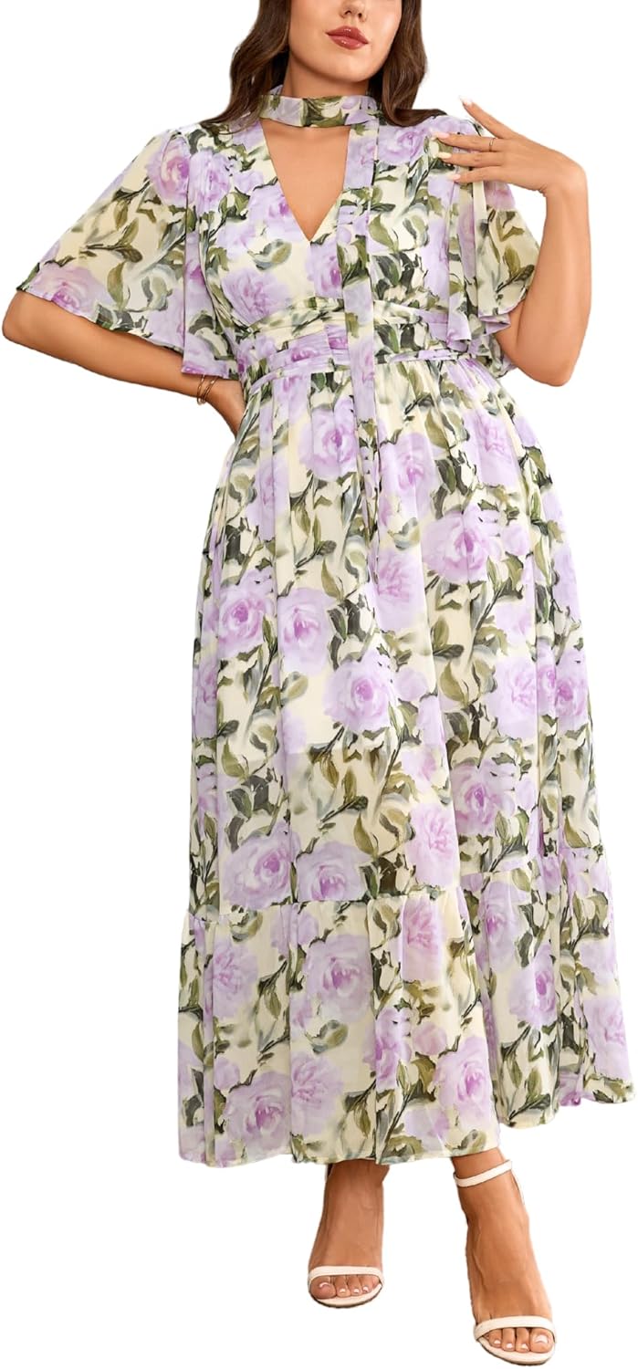 EYWOL Plus Size Floral Maxi Dress Chiffon V Neck Flutter Sleeve Summer Wedding Guest Boho Long Dresses