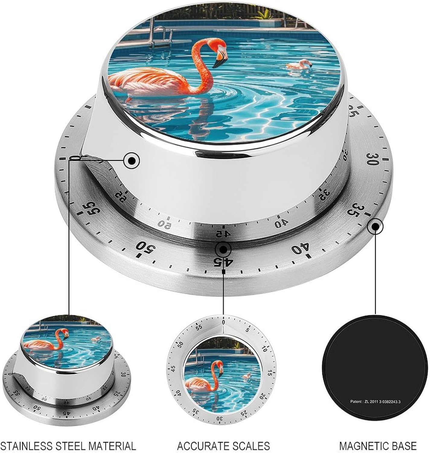 Flamingo and Swimming Pools Timer Stainless Steel Kitchen Timers Waterproof & Rust-Proof 60 Minute Mechanical Timer with Loud Alarm for Cooking, Baking, Fitness