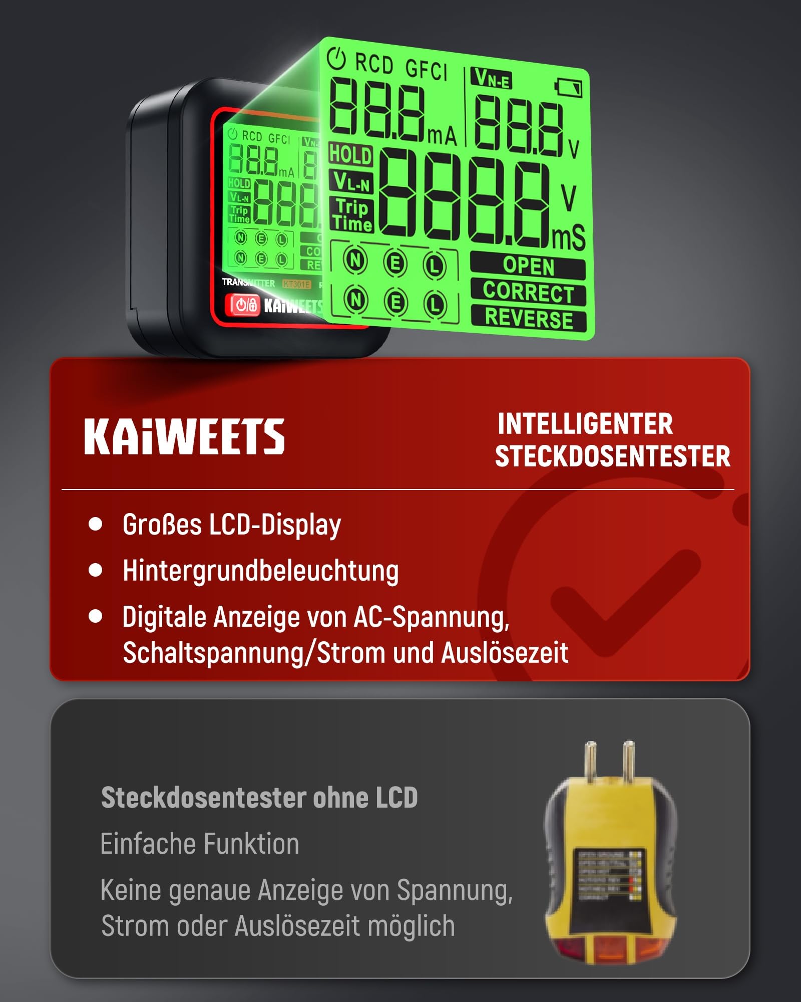 KAIWEETS Sicherungsfinder Set 2,2 Zoll LCD Steckdosentester RCD-Test Leitungssucher NCV LED-Taschenlampe