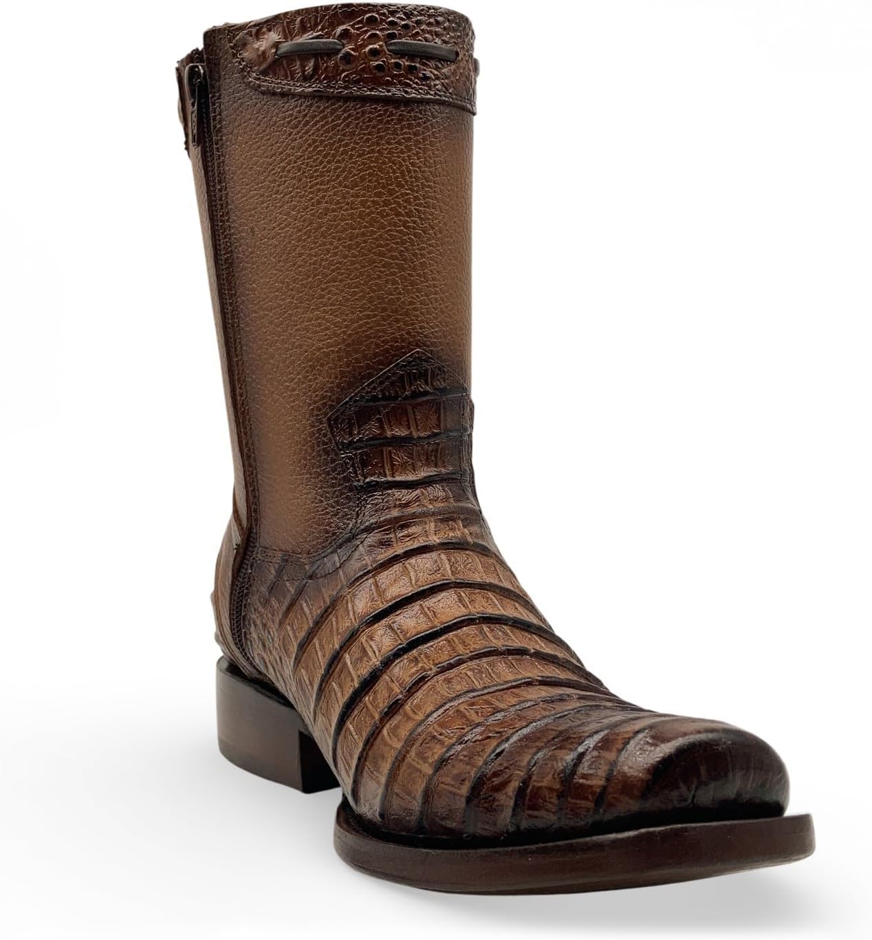The Western Shops Men’s Caiman Print Cowboy Boot, Mid-Calf Leather Western Boot, Full Side Zipper, Square Toe