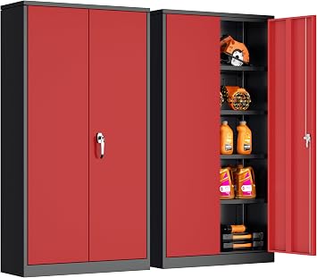 INTERGREAT Metal Storage Cabinet,72" Steel Lockable File Cabinet with Locking Doors and Adjustable Shelves,Locking Tool Cabinets for Office,Home,Garage,Gym,School Black Red