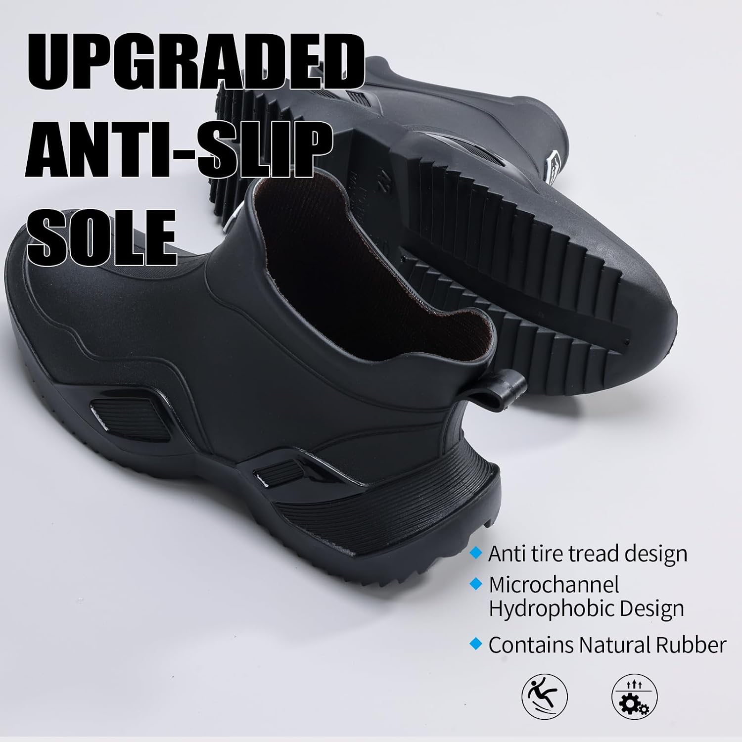 Men's Ankle Rain Boots - Slip On Waterproof Garden Shoes - Comfortable Lightweight Black Rubber Fishing shoes