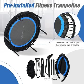 Goplus 40 Folding Fitness Trampoline w/ 2 Resistance Bands | Portable Mini Exercise Rebounder w/4-Level Height Adjustable Safety Handrail, Indoor Outdoor Workout Trampoline for Adults