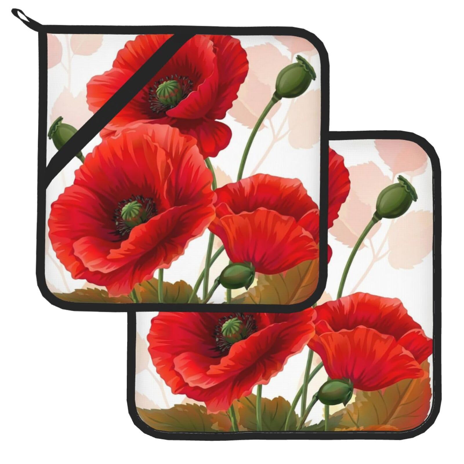 Pot Holder Set of 2 Heat Resistant Potholders Poppy Flowers Vivid Petals Pot Holders Non Slip Kitchen Trivets Cooking Hot Potholder Washable Oven Mitts Oven Hot Pads for Kitchen Baking BBQ