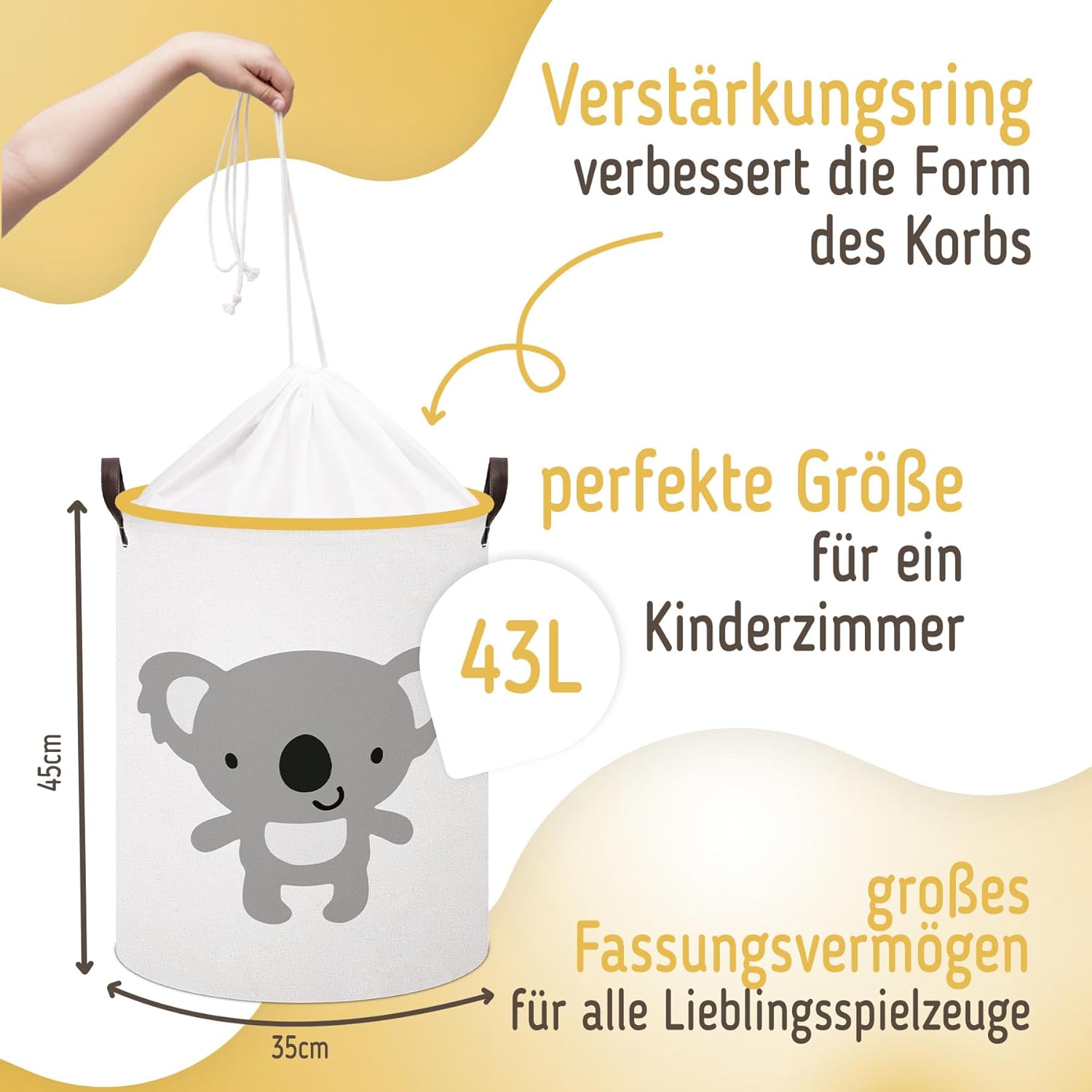SIPO XL Cotton Storage Basket - Koala Design Foldable & Waterproof with Drawstring & Handles - Organiser for Toys, Laundry & Nursery