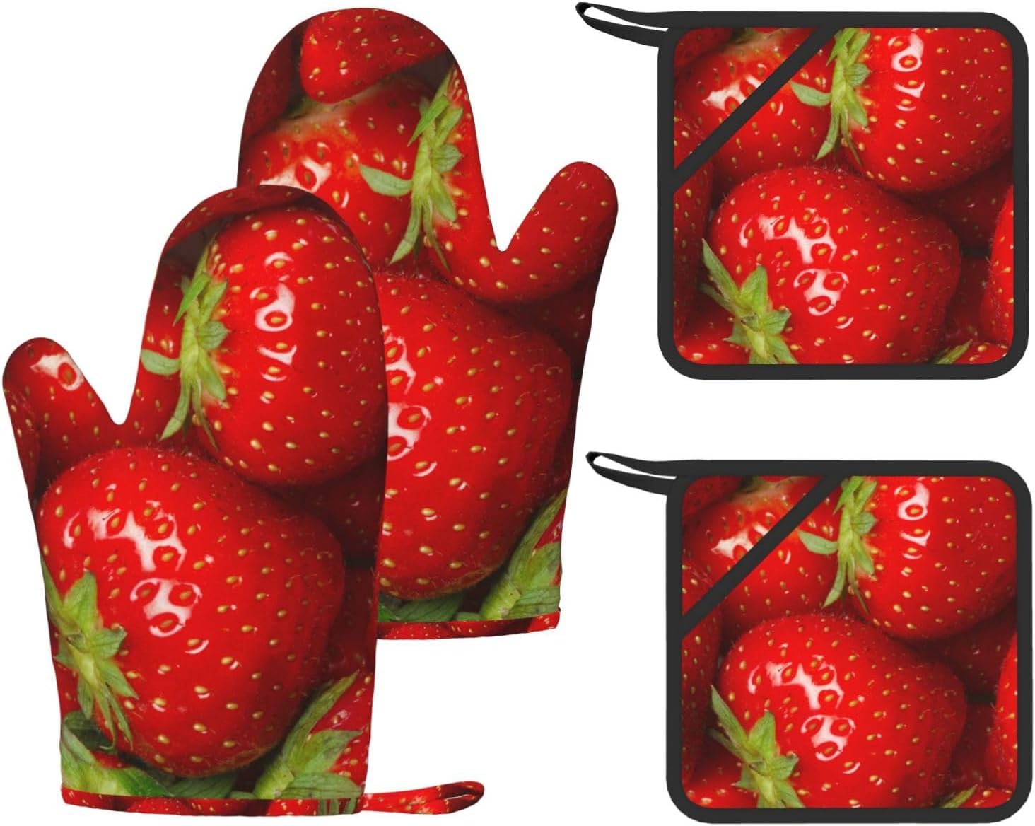 Red Strawberry Fruit Oven Mitts and Pot Holders Set of 4 Heat Resistant Kitchen Gloves with Silicone Palm Hot Pads for Baking Cooking Grilling BBQ