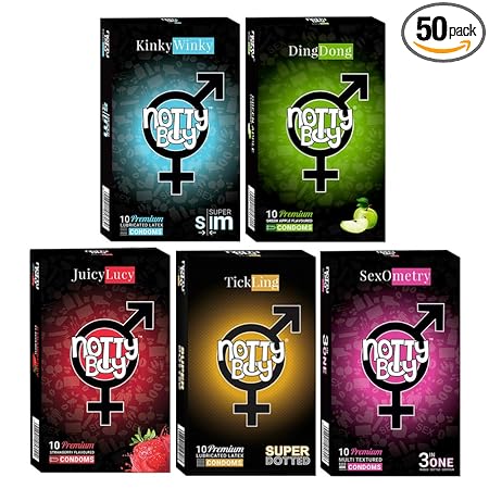 NOTTY BOY Honeymoon Condom Set- Ultra Thin, Plain, Extra Dotted, Ribbed, Pleasure Shape, Strawberry and Apple Flavoured Condoms - (5x10s)