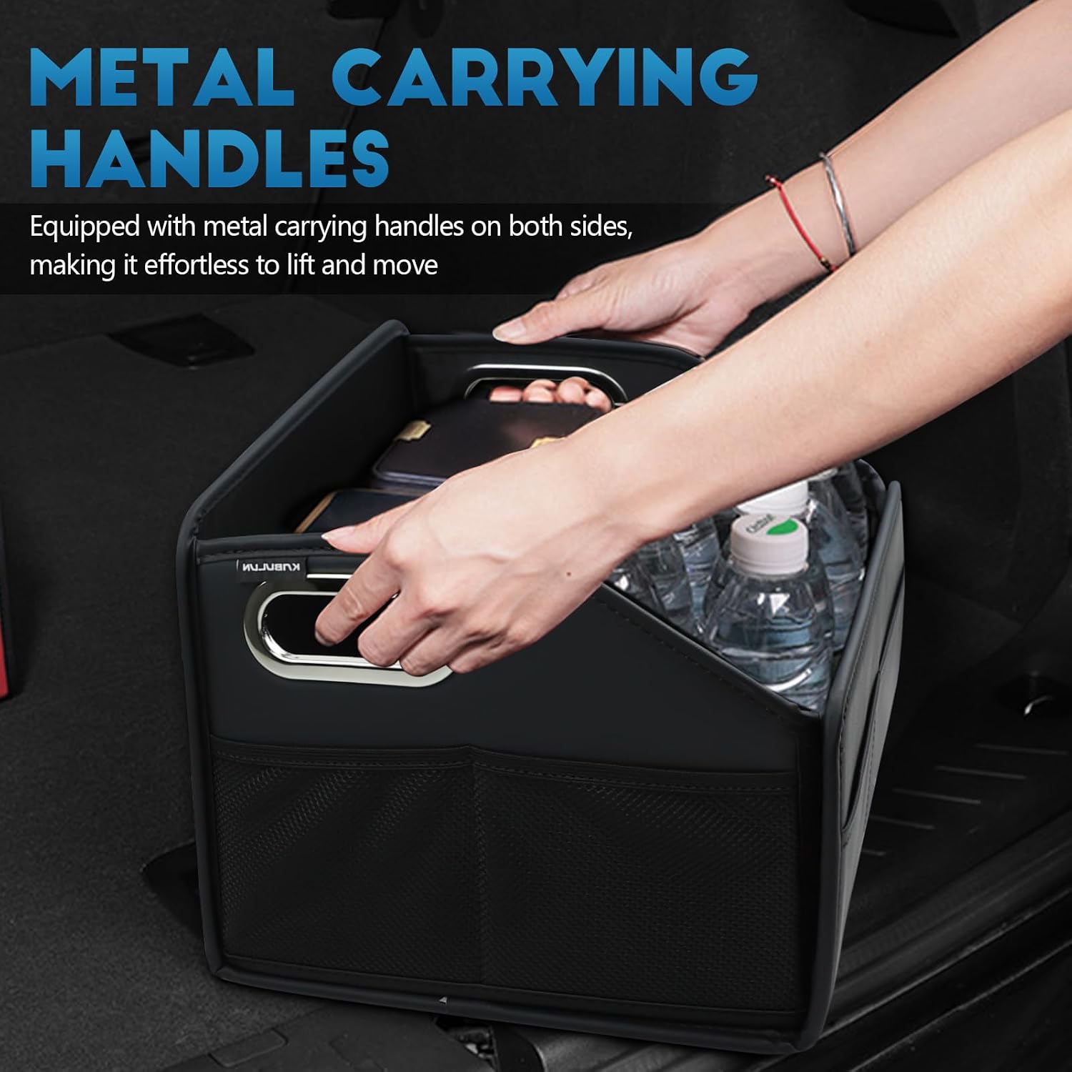 Leather Car Organizer, Collapsible Car Trunk Organizer with Multiple Compartments, Pockets, Metal Handles, Compact Automotive Storage Organizers for Front Seat, Back Seat, Trunk, Floor