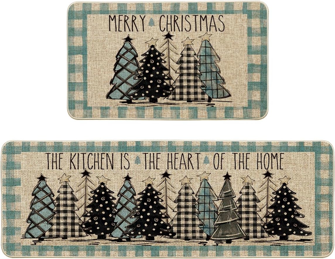 Artoid Mode Buffalo Plaid Xmas Tree Merry Christmas Kitchen Mats Set of 2, Winter Home Decor Low-Profile Kitchen Rugs for Floor - 24x35 and 24x59 Inch
