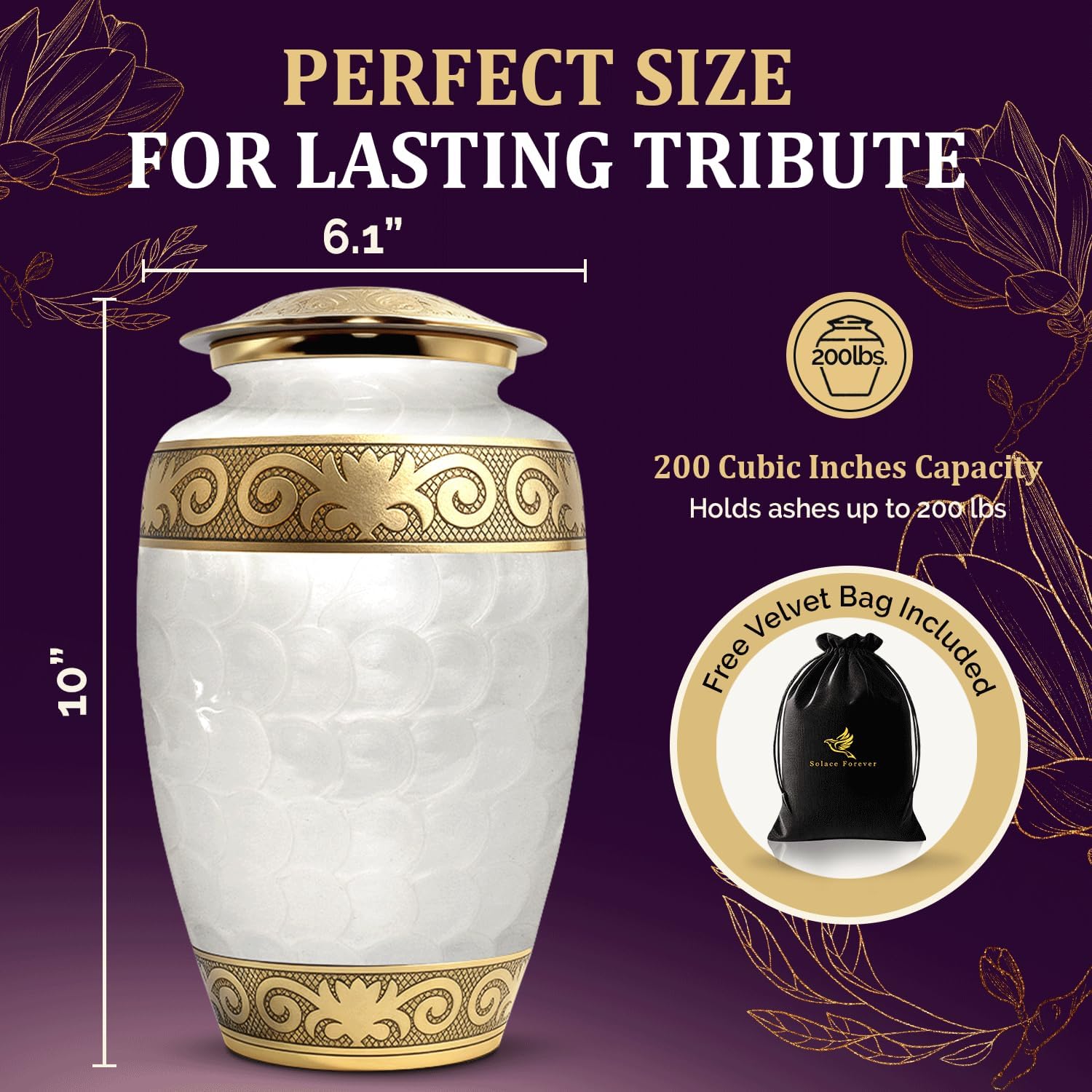 Urns for Human Ashes Adult Female/Male – Handcrafted Cremation Urn for Ashes – Elegant Large Funeral Urn with Secure Lid & Velvet Bag – A Dignified Tribute (White, Large)