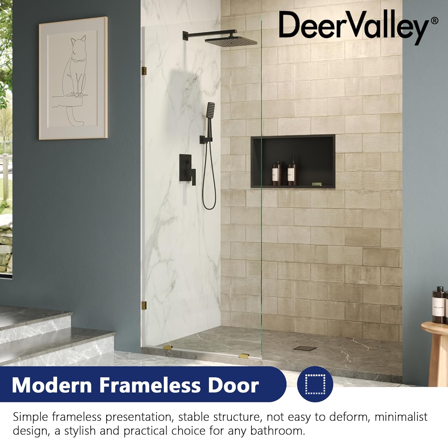 DeerValley 32"×78" Frameless Shower Glass Panel, 3/8'' (10mm) Fixed Glass Shower Panel, Tempered Glass Door, Bathroom Shower Screen with Hardware (Brushed Gold)