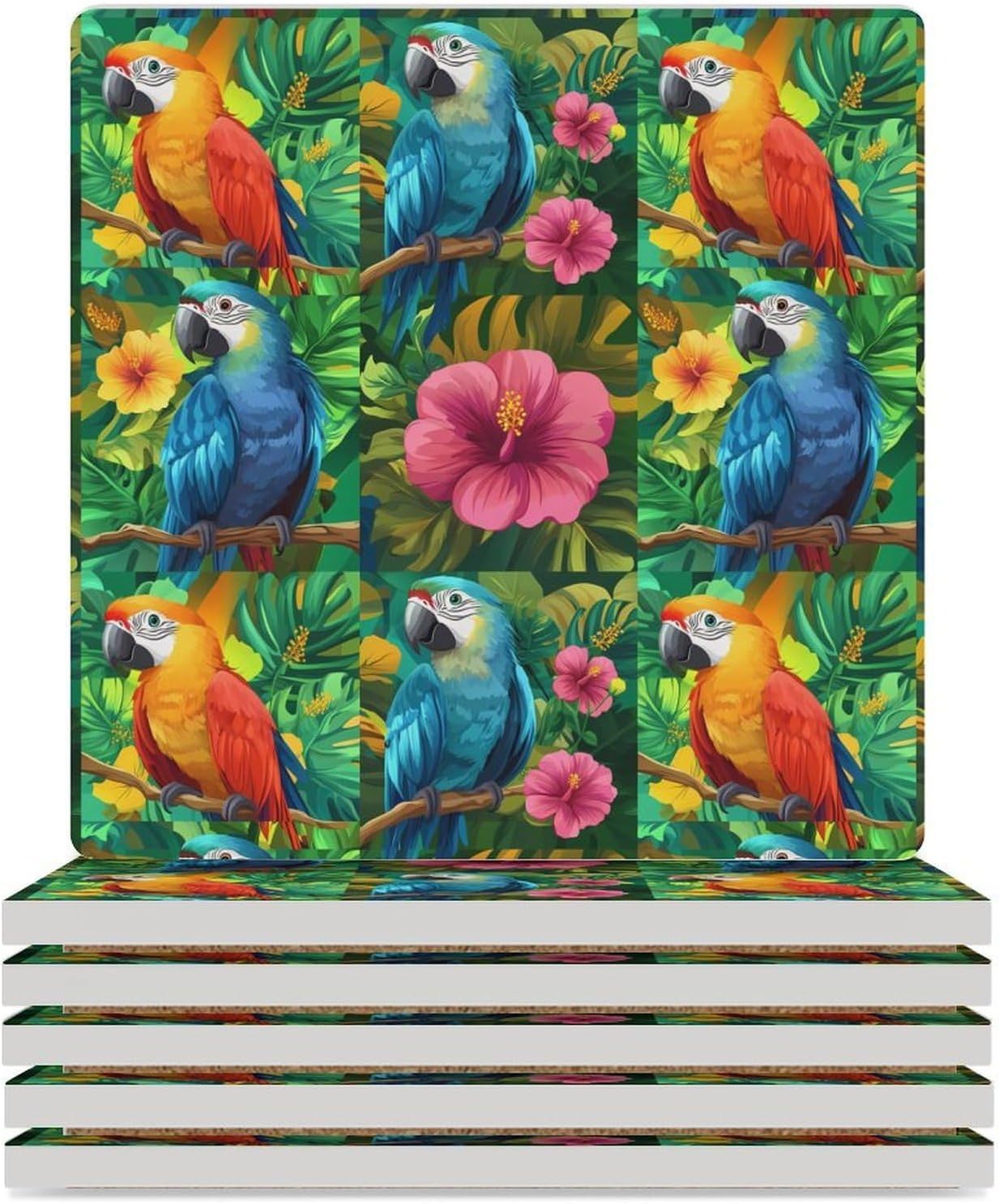 Parrot Hibiscus Ceramic Coasters Square Drinks Coaster Coffee Table Decor Table Coaster for Home Bar