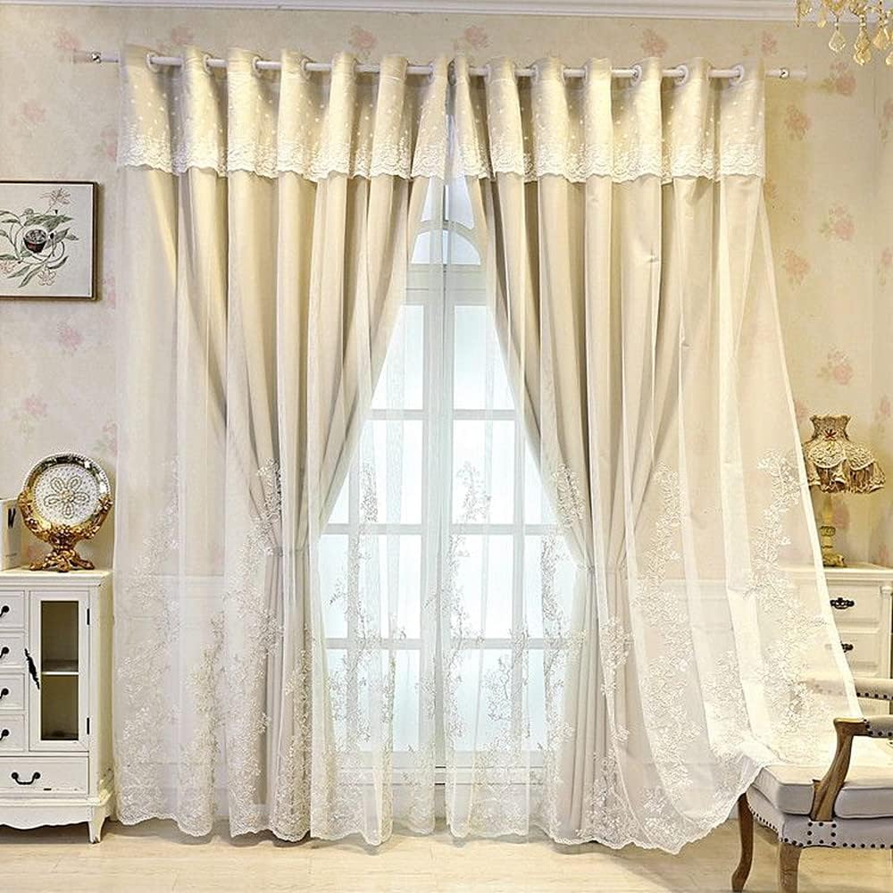 Amidoudou 1 Pair European Double Layer Curtains for Living Room Bedroom Luxury Flower Embroidered Curtains (Beige,51x90 Inch)