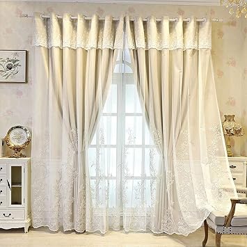 Amidoudou 1 Pair European Double Layer Curtains for Living Room Bedroom Luxury Flower Embroidered Curtains Beige,51x84 Inch